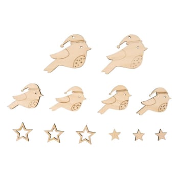 OISEAUX - Décorations en bois à suspendre oiseaux et étoiles 2,5 à 4,3cm