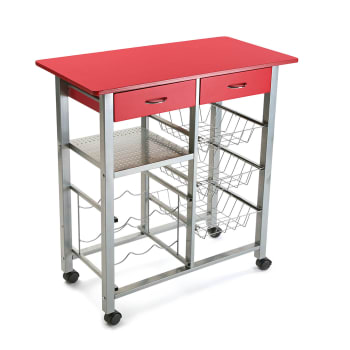 Leicester - Carro de cocina con 2 cajones en aglomerado efecto madera y metal rojo