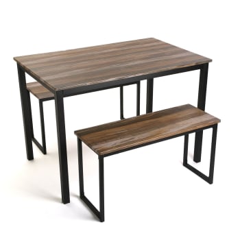 Taline - Mesa de comedor con 2 bancos en aglomerado efecto madera y metal negro
