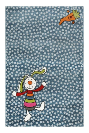 Rainbow rabbit - Gewebter Kinderteppich blau mit Punkten und Hasen-Design 80x150
