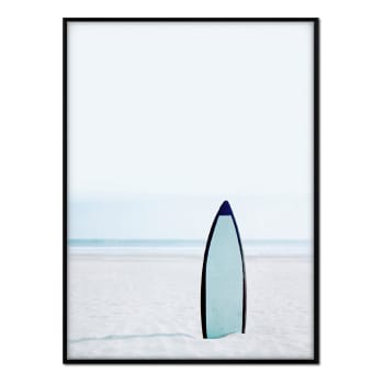 Playa - Affiche avec cadre noir - Planche de surf au lever du soleil - 30x40