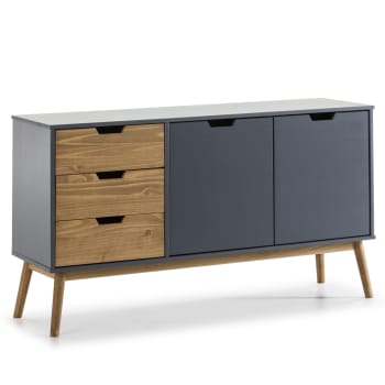 JAVA - Credenza 3 cassetti e 2 porte antracite, pino massiccio, 140 cm