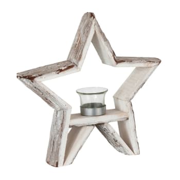 ÉTOILE - Portavelas estrella madera marrón/blanco alt. 29 cm