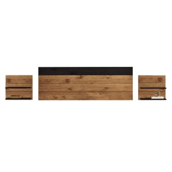 Cabecero madera encerado y negro 150cm y 2 mesitas madera con estantes