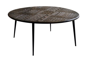 Jeroglifico - Mesa de café madera de mango y patas de metal en nogal oscuro