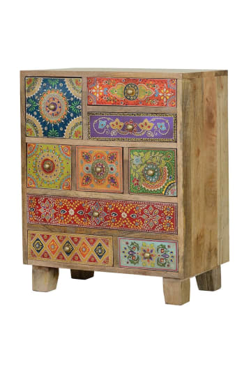 Commode Marocaine Faite Main 4 Tiroirs, Motif Mandala Et Géométrique, Bois Coloré