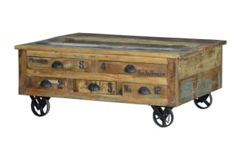 Verrier - Tavolino a 5 cassetti in legno di riciclo, e rotelline in metallo