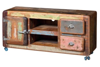 Fridge - Mobiletto tv a 2 cassetti, 1 anta e 1 rippiano in legno di riciclo