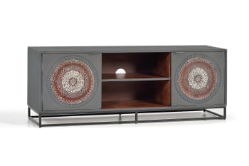 Wood mandala - Meuble TV en manguier et pieds en métal gris et marron