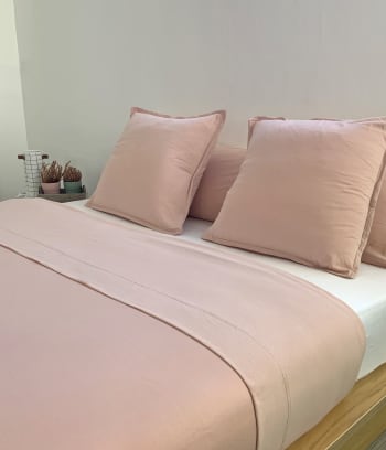 PINK - Sábana de punto 100% algodón rosa para cama de 150 cm con almohadas