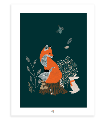 M. FOX - Affiche renard et lapin en papier bleu