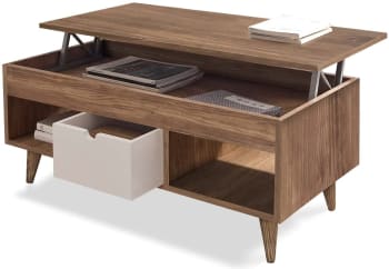 Mesa centro Atelier elevable madera maciza natural, cajón deslizante