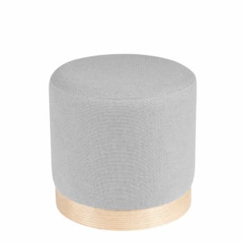 PUFF UKKO - Puff redondo tapizado gris claro con base de chapa en madera natural
