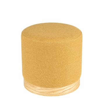 PUFF UKKO - Puff redondo tapizado mostaza con base de chapa en madera natural