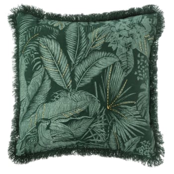 Housse de coussin à franges imprimé tropical coton vert 40x40 cm