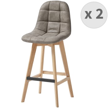 Owen oak - Chaise de bar vintage microfibre marron clair pieds chêne(x2)