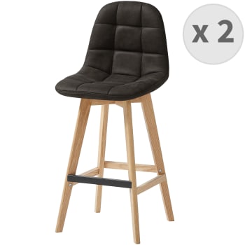 Owen oak - Chaise de bar vintage microfibre marron foncé pieds chêne(x2)