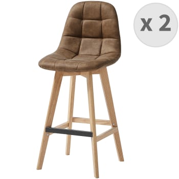 Owen oak - Chaise de bar vintage microfibre marron pieds chêne(x2)