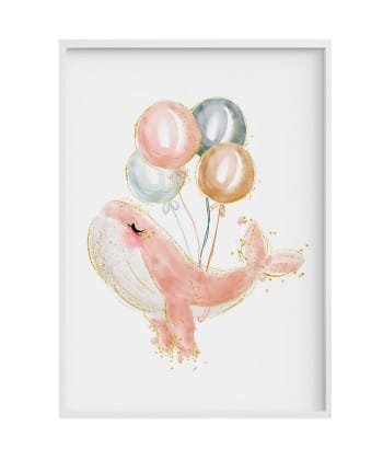 DECOWALL - Impression de Baleine rose ballon encadrée en bois blanc 43X33 cm