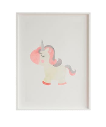 DECOWALL - Impression de licorne rouse encadrée en bois blanc 43X33 cm