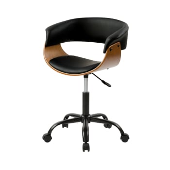 Basile - Chaise de bureau pivotante sur roulettes en bois et PU noir