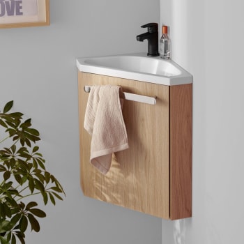 Skino - Meuble lave-mains  décor chêne avec vasque blanche + robinet noir