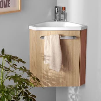 Skino - Meuble lave-mains  décor chêne avec vasque blanche + robinet chromé
