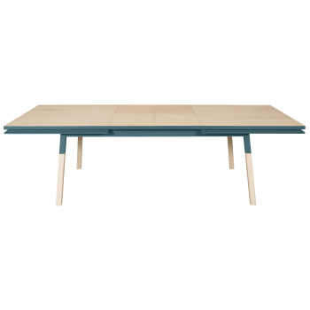 Egee - Table 220x120 cm en frêne massif, 2 rallonges bleu frehel