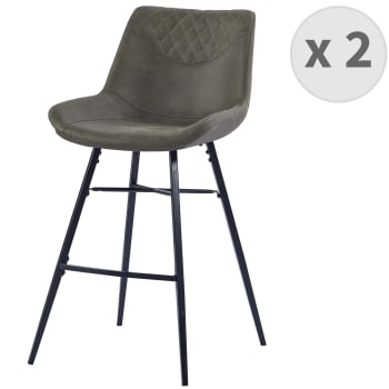 Queens - Chaises haute industrielle micro vintage marron foncé/métal noir (x2)
