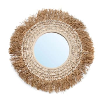 Raffia cowrie - Specchio di rafia e conchiglie bianco naturale D75