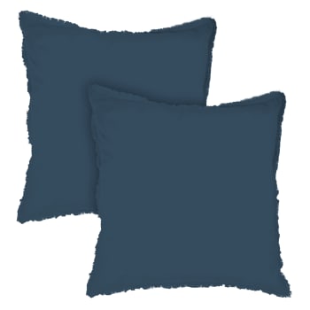 Coton lavé - Set de 2 taies d’oreiller unies finition à franges Bleu Nuit 65x65cm