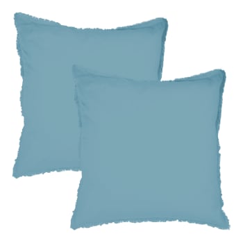 Coton lavé - Set de 2 taies d’oreiller unies en coton lavé Bleu Glacier 65x65cm