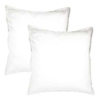 Coton lavé - Set de 2 taies d’oreiller unies finition à franges Blanc 65x65cm