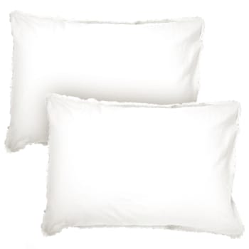 Coton lavé - Set de 2 taies d’oreiller unies finition à franges Blanc 50x70cm