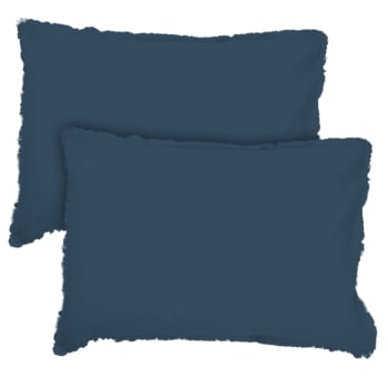 Coton lavé - Set de 2 taies d’oreiller unies finition à franges Bleu Nuit 50x70cm