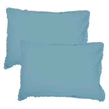 Coton lavé - Set de 2 taies d’oreiller unies en coton lavé Bleu Glacier 50x70cm