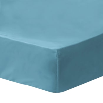 Coton lavé - Drap-housse uni en coton lavé Bleu Glacier 140x190/200cm - Bonnet 30cm