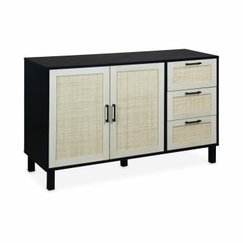 Idemon Credenza, cassettiera con 3 cassetti e 3 ante scorrevoli, rattan  intrecciato sulla parte anteriore della porta, gambe in legno massiccio,  maniglia in metallo dorato, ripiani regolabili, 120 x : : Casa e  cucina