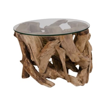 Ulyssa - Table basse en verre pieds racine bois