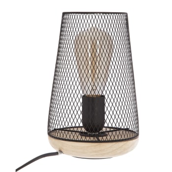 GRILLE - Lampe à poser grille et bois métal/bois noir hauteur 23 cm