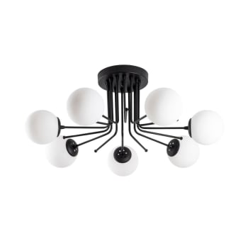 MARGA - Plafonnier noir 7 lumières avec sphères en verre blanc