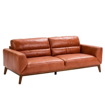 Canapé 3 places en cuir brun et effet bois noyer