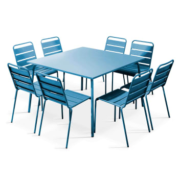 Palavas - Ensemble table de jardin et 8 chaises en métal bleu pacific