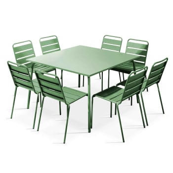 Palavas - Ensemble table de jardin et 8 chaises en métal vert cactus