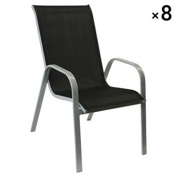 Marbella - Lot de 8 chaises en textilène noir et aluminium gris