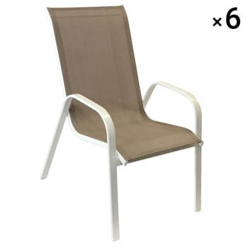 Marbella - Lot de 6 chaises en textilène taupe et aluminium blanc
