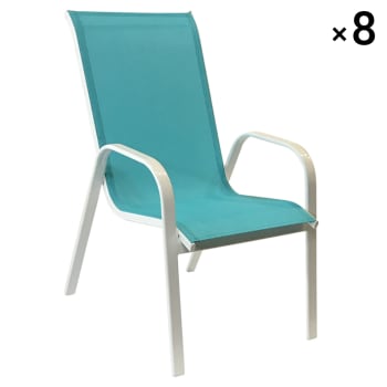 Marbella - Lot de 8 chaises en textilène bleu et aluminium blanc
