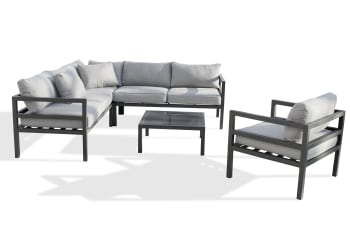 Salotto Da Giardino Basso Lino 4 Posti – Alluminio E Textilene Nero, Tavolo Con Vetro, Antiruggine E Resistente Alle Intemperie, Divano 2 Posti + 2 Sedie