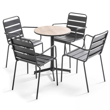 Tivoli - Ensemble de jardin table ronde et 4 fauteuils acier marron