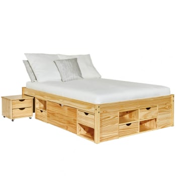 IDIMEX Lit en bois massif CEFIRA 140 x 190 cm avec rotin tressé, finition châtaignier – Lit double en bois de pin massif, lit en bois de style bohème stable